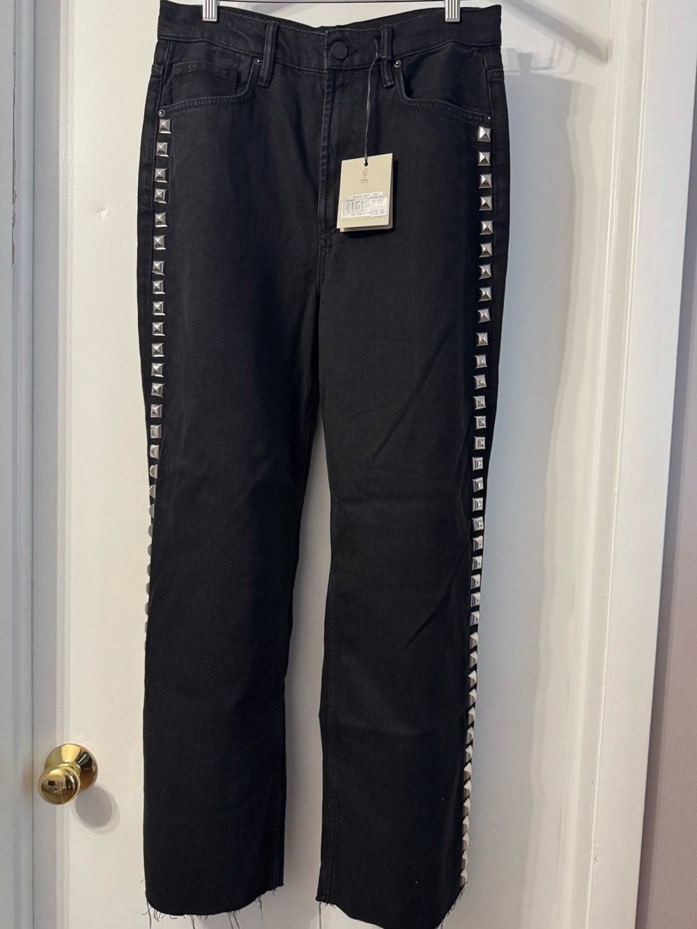 All Saints Black Women's Straight-Leg Raw Hem Jeans with Silver Stud Side Trim - Picture 1 of 6